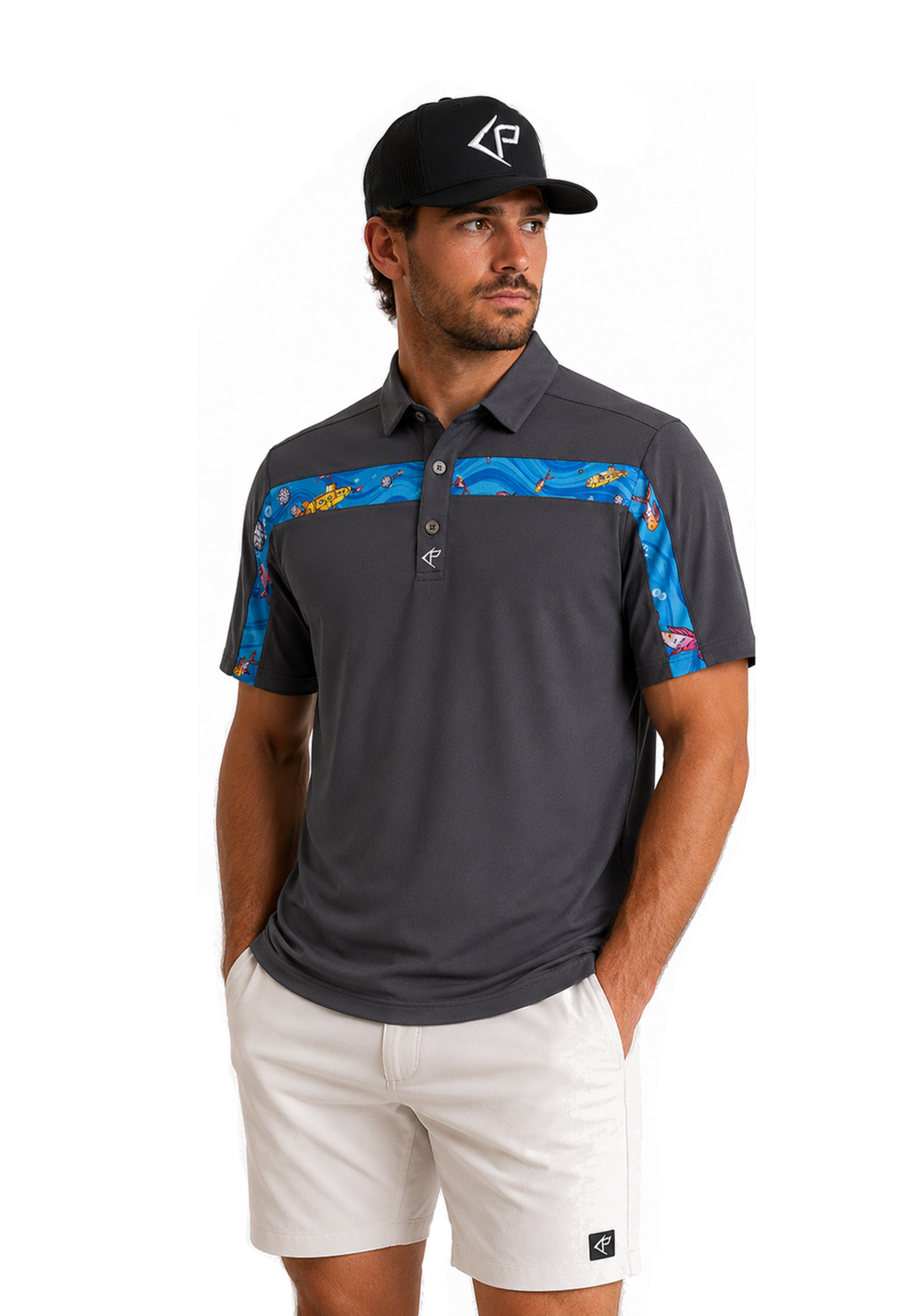 A man wearing a dark gray polo shirt with a blue and yellow patterned chest and sleeve panel, paired with white shorts and a black baseball cap, photographed against a plain white background.