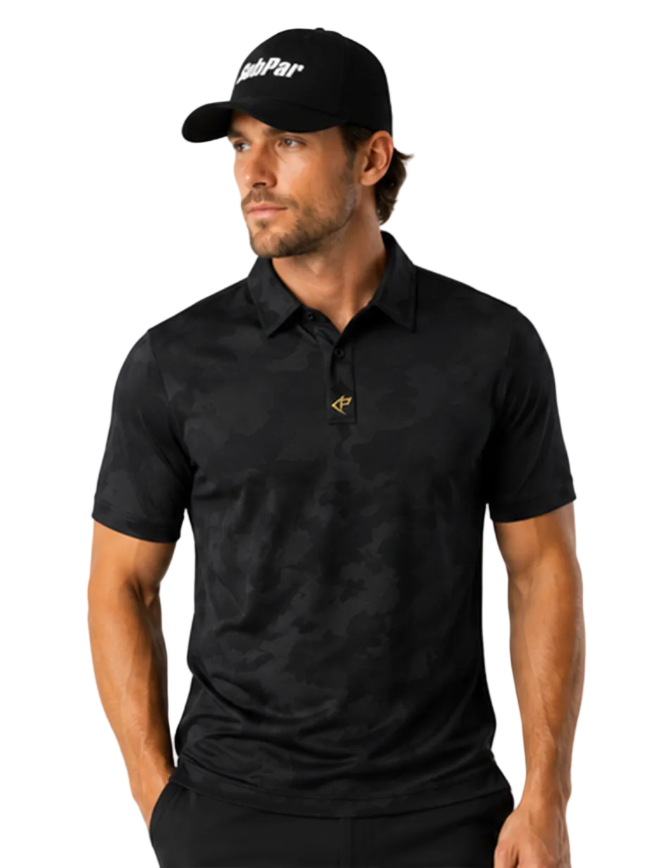 A man wearing a black short-sleeve polo shirt with a subtle tonal pattern and a small gold logo on the chest, paired with a black cap featuring the text 'LahPar'.